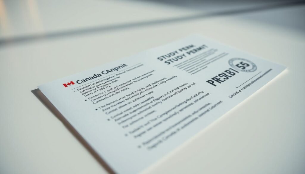 A well-lit, high-resolution close-up image of a Canadian study permit, showcasing its key details and conditions. The document is laid flat on a clean, minimalist surface, with a soft, diffused lighting that highlights the text and official stamps. The depth of field is shallow, keeping the permit in sharp focus while blurring the background. The composition emphasizes the permit's structure, design elements, and the information it conveys, such as valid dates, authorized activities, and any restrictions. The overall tone is professional, informative, and visually engaging, capturing the essence of the "Understanding Your Study Permit Conditions" section. A well-lit, high-resolution close-up image of a Canadian study permit, showcasing its key details and conditions. The document is laid flat on a clean, minimalist surface, with a soft, diffused lighting that highlights the text and official stamps. The depth of field is shallow, keeping the permit in sharp focus while blurring the background. The composition emphasizes the permit's structure, design elements, and the information it conveys, such as valid dates, authorized activities, and any restrictions. The overall tone is professional, informative, and visually engaging, capturing the essence of the "Understanding Your Study Permit Conditions" section.