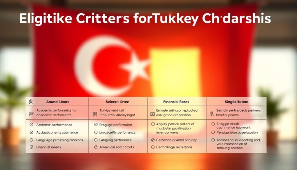 A well-lit, high-resolution digital illustration depicting the "Eligibility Criteria for Turkey Success Scholarships". The foreground features a clean, minimalist design with a grid layout showcasing key eligibility requirements such as academic performance, language proficiency, and financial need. The middle ground incorporates subtle graphical elements like icons, bars, and checkmarks to visually represent the selection process. The background has a soft, blurred effect highlighting the prestigious nature of the scholarship program against a backdrop of the Turkish flag or other relevant imagery. The overall mood is professional, informative, and visually appealing to effectively communicate the important details to prospective applicants.