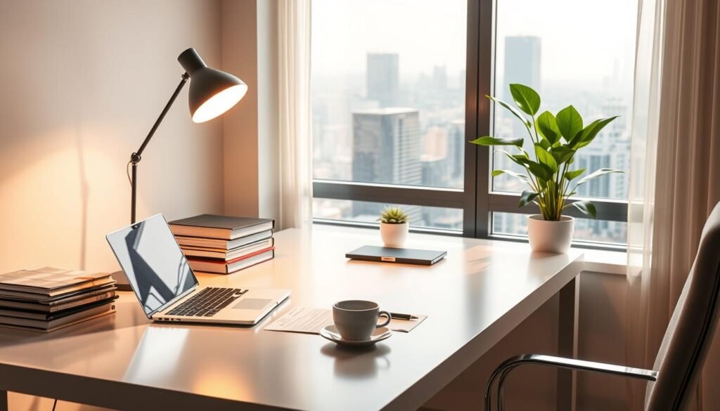 A well-lit home office with a sleek, modern desk, a laptop, a stack of files, and a potted plant. In the background, a large window overlooking a cityscape, bathed in soft, natural lighting. On the desk, a stylish lamp, a cup of coffee, and a pen and paper, creating an atmosphere of productivity and entrepreneurial spirit. The room has a clean, minimalist aesthetic, reflecting the professional nature of setting up a freelance consulting business. The overall mood is one of organization, focus, and a sense of purpose.