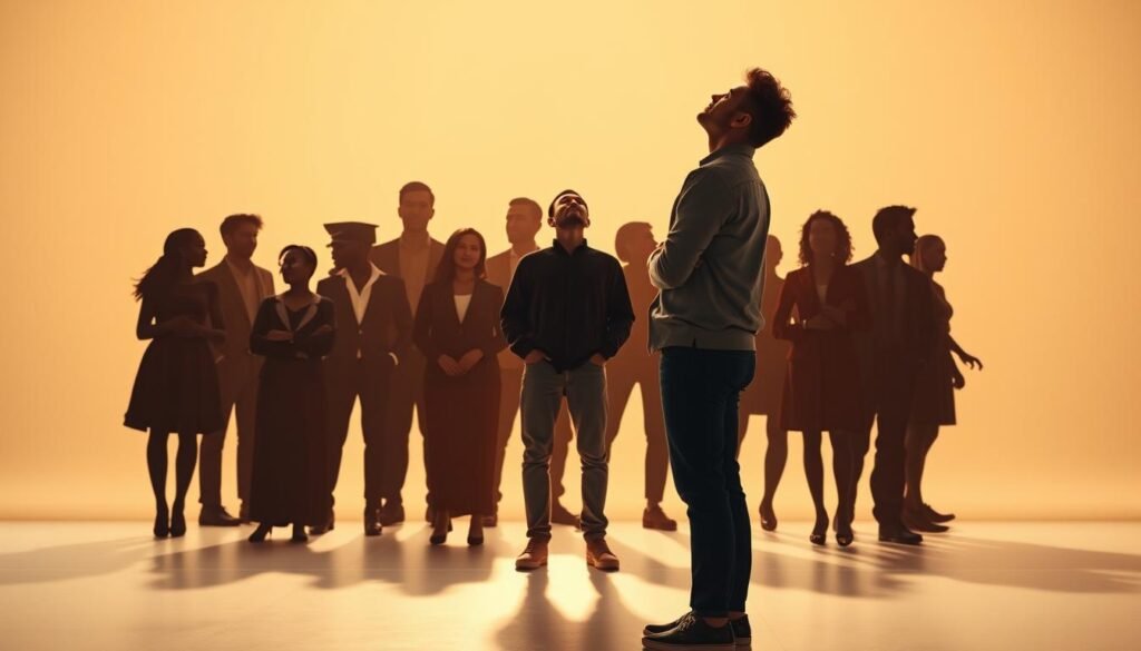 A well-lit, inspirational scene of a person standing in a thoughtful pose, surrounded by a diverse array of role models depicted as silhouettes in the background. The figure in the foreground is gazing upwards, conveying a sense of aspiration and possibility. The lighting is warm and inviting, creating a sense of optimism and hope. The scene is set in a minimalist, clean environment, allowing the central figure and the role models to take center stage. The overall composition and mood evokes a feeling of finding guidance and direction through the examples of successful individuals. A well-lit, inspirational scene of a person standing in a thoughtful pose, surrounded by a diverse array of role models depicted as silhouettes in the background. The figure in the foreground is gazing upwards, conveying a sense of aspiration and possibility. The lighting is warm and inviting, creating a sense of optimism and hope. The scene is set in a minimalist, clean environment, allowing the central figure and the role models to take center stage. The overall composition and mood evokes a feeling of finding guidance and direction through the examples of successful individuals.