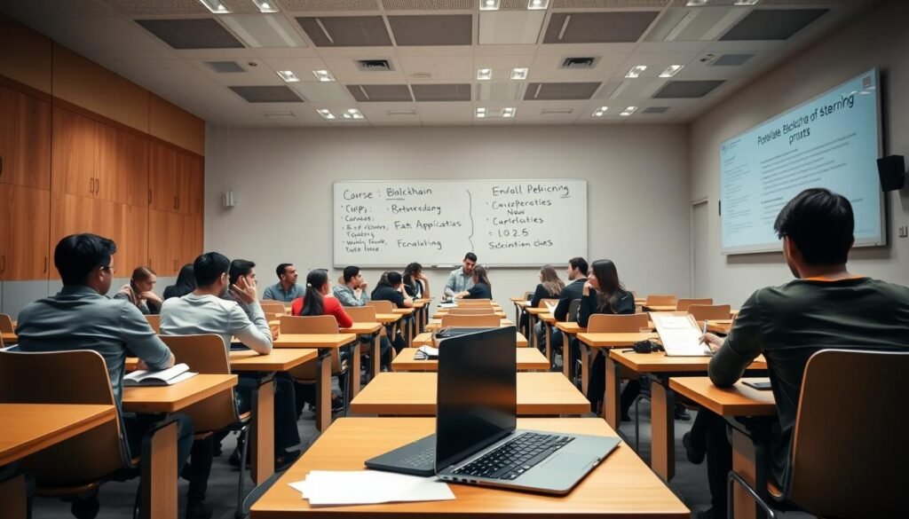 A well-lit, modern university classroom with rows of desks and chairs. In the foreground, a laptop and course materials sit atop a desk, suggesting an active learning environment. The middle ground features students engaged in lively discussions, some taking notes, others collaborating on projects. Soft, natural lighting floods the scene, creating a warm, inviting atmosphere. In the background, a large whiteboard displays course information, schedules, and enrollment details. The overall composition conveys a sense of academic rigor, intellectual curiosity, and the excitement of exploring new topics like blockchain and cryptocurrency applications. A well-lit, modern university classroom with rows of desks and chairs. In the foreground, a laptop and course materials sit atop a desk, suggesting an active learning environment. The middle ground features students engaged in lively discussions, some taking notes, others collaborating on projects. Soft, natural lighting floods the scene, creating a warm, inviting atmosphere. In the background, a large whiteboard displays course information, schedules, and enrollment details. The overall composition conveys a sense of academic rigor, intellectual curiosity, and the excitement of exploring new topics like blockchain and cryptocurrency applications.