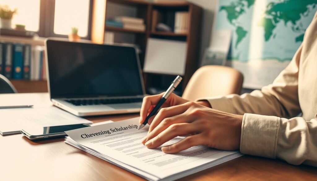 A well-lit office scene, with a desk featuring a laptop, smartphone, and a stack of documents. In the foreground, a person's hands are carefully filling out an application form, highlighting the "Chevening Scholarship" title prominently displayed. The background showcases a bookshelf, a world map, and other subtle details that suggest an international and academic environment. The overall mood is one of focused determination, with a sense of professionalism and attention to detail. Warm, natural lighting illuminates the scene, creating a sense of clarity and purpose.