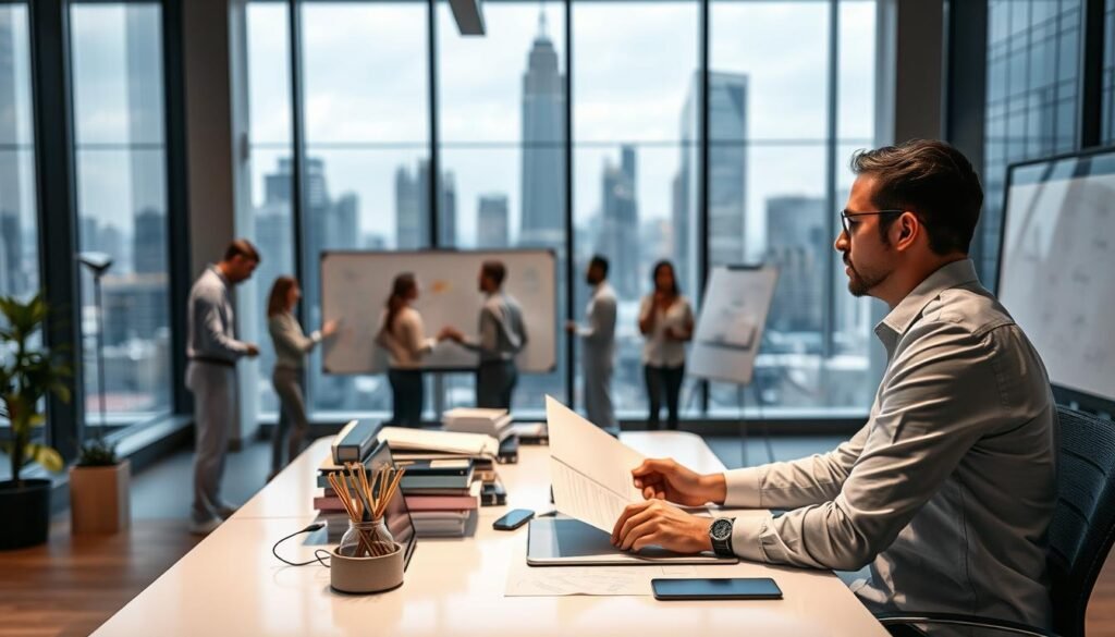 A well-lit office scene with a focused product manager in the foreground, deep in thought as they review documents and digital devices on a sleek, minimalist desk. The middle ground features a team of colleagues collaborating around a large, interactive whiteboard, while the background showcases an expansive city skyline visible through floor-to-ceiling windows, conveying a sense of innovation and industry. The overall atmosphere is professional, dynamic, and forward-thinking, capturing the multifaceted responsibilities and strategic mindset of the product manager role.