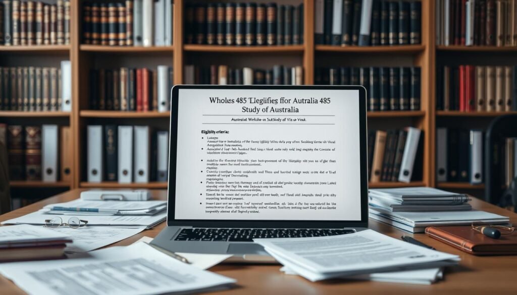 A well-lit office setting with a neatly organized desk, a laptop, and various documents scattered across the surface. The background features a bookshelf filled with legal and immigration-related books, creating an atmosphere of professionalism and expertise. The focal point is a large, high-resolution document displayed on the laptop screen, clearly outlining the eligibility criteria for the Subclass 485 visa in Australia. The image conveys a sense of authority and attention to detail, making it suitable for illustrating the "Who Qualifies for the Australia 485 Post-Study Work Visa?" section of the article.