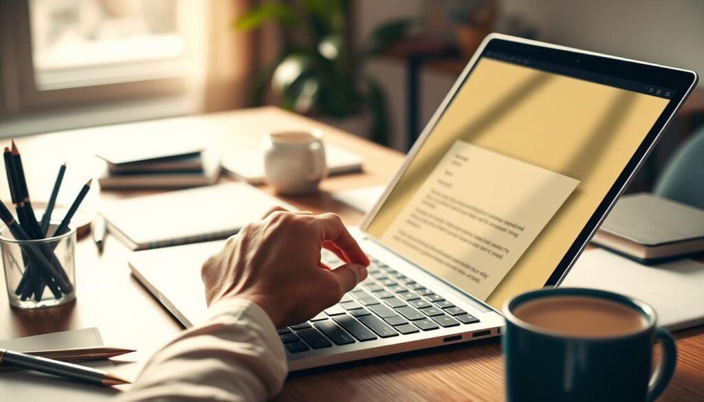 A well-lit office workspace, a laptop open on a desk, surrounded by various stationery items - pens, notebooks, a mug of coffee. A hand hovers over the keyboard, poised to craft the perfect internship email. The background is softly blurred, drawing the viewer's attention to the focal point - the personalized, thoughtful email in composition. The lighting is warm and natural, creating a contemplative, focused atmosphere. The angle is slightly elevated, giving a sense of diligence and determination. The overall mood is one of professionalism, attention to detail, and a genuine desire to make a positive impression.