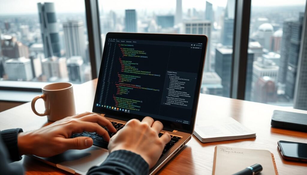 A well-lit office workspace with an open laptop displaying SQL queries and Python code on the screen. In the foreground, a pair of hands typing on a keyboard, with the tools of the data analyst's trade - a coffee mug, a notebook, and a smartphone - arranged neatly on the desk. In the background, a large window overlooks a bustling city skyline, reflecting the dynamic nature of modern data analytics. The overall mood is one of focus, productivity, and the synergy between programming languages in the service of extracting insights from complex datasets.