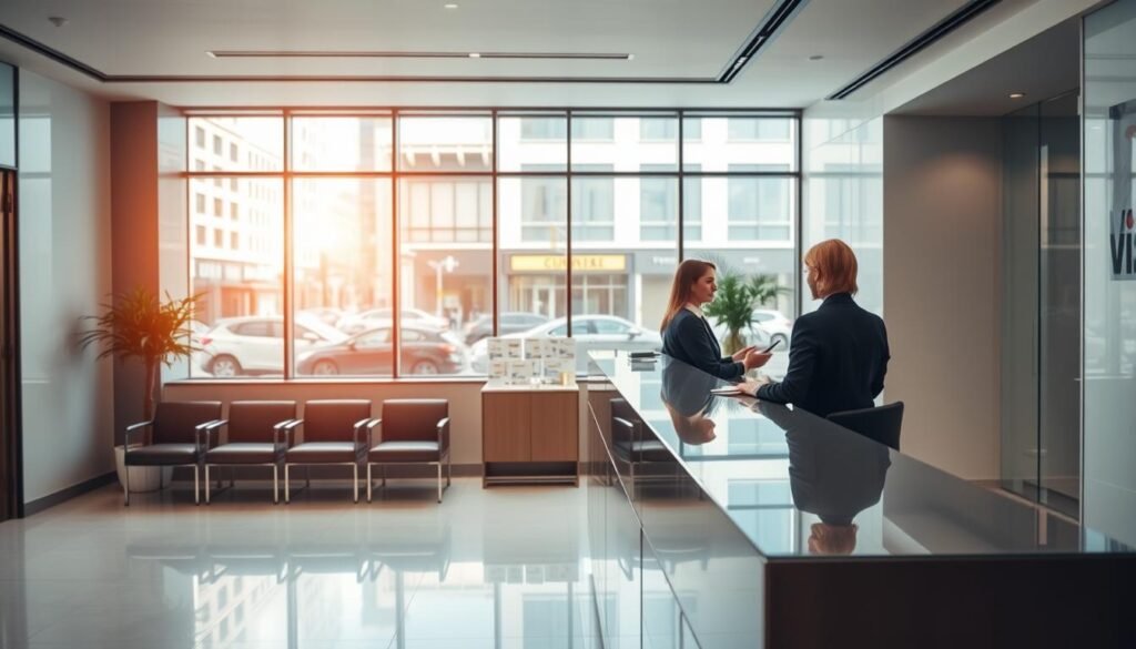 A well-lit, professional office setting with a visa courier service counter. In the foreground, a smartly dressed person standing behind the counter, offering assistance to a customer. The middle ground features waiting chairs and a display of visa application materials. The background showcases a polished, minimalist decor with a large window overlooking a bustling city street. Crisp, clean lighting casts a warm, inviting atmosphere, conveying the efficiency and attention to detail of the visa courier service. A well-lit, professional office setting with a visa courier service counter. In the foreground, a smartly dressed person standing behind the counter, offering assistance to a customer. The middle ground features waiting chairs and a display of visa application materials. The background showcases a polished, minimalist decor with a large window overlooking a bustling city street. Crisp, clean lighting casts a warm, inviting atmosphere, conveying the efficiency and attention to detail of the visa courier service.