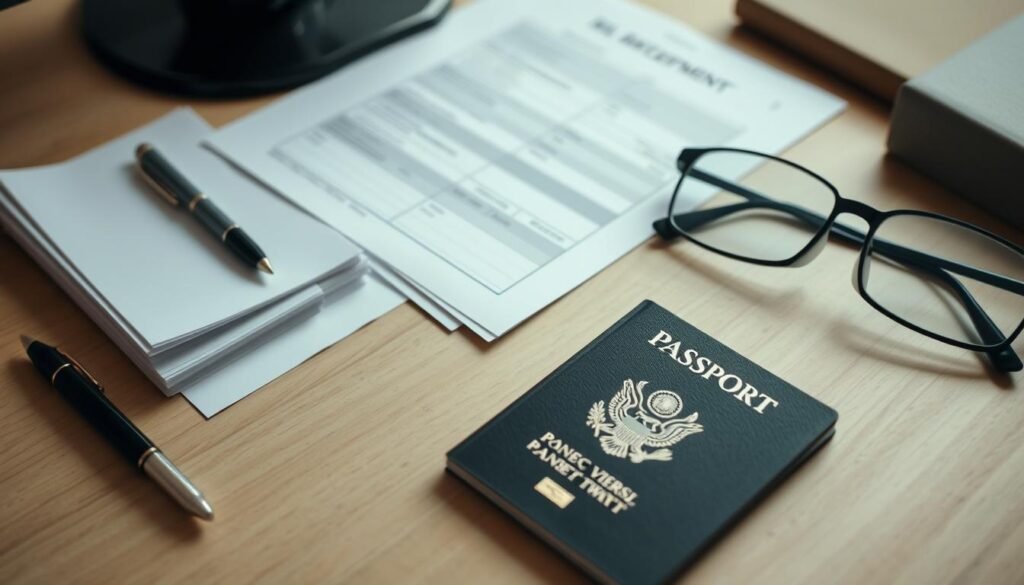 A well-organized desk with a passport, a stack of documents, a pen, and a pair of reading glasses. The documents are neatly arranged, suggesting a sense of order and preparation. The lighting is soft and diffused, creating a warm, inviting atmosphere. The camera angle is slightly elevated, giving the viewer a sense of overview and control. The overall mood is one of diligence and attention to detail, reflecting the importance of the visa interview process. A well-organized desk with a passport, a stack of documents, a pen, and a pair of reading glasses. The documents are neatly arranged, suggesting a sense of order and preparation. The lighting is soft and diffused, creating a warm, inviting atmosphere. The camera angle is slightly elevated, giving the viewer a sense of overview and control. The overall mood is one of diligence and attention to detail, reflecting the importance of the visa interview process.