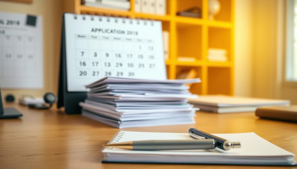 A well-organized office desk with a calendar prominently displaying application deadlines. Warm, soft lighting illuminates the scene, creating a focused and productive atmosphere. In the foreground, a pen and notebook sit ready for note-taking, while the middle ground features a stack of neatly organized documents and folders. In the background, a bookshelf or shelving unit provides a sense of structure and professionalism. The overall composition conveys the importance of meeting application deadlines and the diligence required for the scholarship application process.