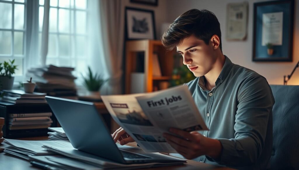 A young professional intently searching for their first job, laptop in hand, surrounded by newspapers and job listings in an atmospheric home office setting. Soft, warm lighting casts a pensive mood as they pore over the opportunities before them, determined to find the perfect fit. The background features a cluttered desk with a neatly stacked pile of documents, a potted plant, and a framed diploma on the wall, hinting at their educational background. The overall composition conveys a sense of focus, ambition, and the excitement of embarking on a new career journey.