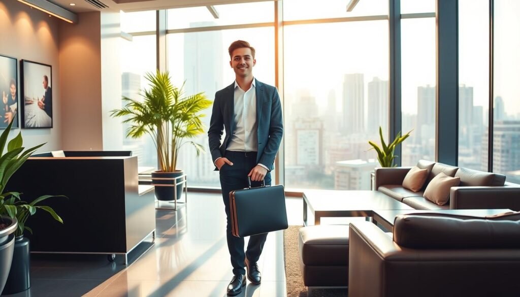 A young professional stands at the entrance of a bustling international office, briefcase in hand. The scene is bathed in warm afternoon light, the city skyline visible through large windows. The person's expression is one of excitement and anticipation, ready to embark on a transformative internship experience abroad. Sleek furniture and modern decor suggest a dynamic, global workplace. Potted plants and artwork on the walls add a touch of vibrancy. The overall atmosphere conveys a sense of opportunity, growth, and cultural immersion.