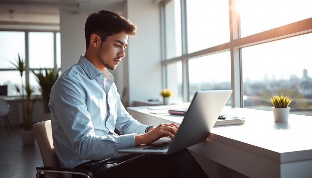 A young professional working in a modern French office, dressed in a crisp button-down shirt and slacks. Sunlight filters through large windows, casting a warm glow on their focused expression as they tap away at a sleek laptop. The background features a minimalist workspace with clean lines, potted plants, and a view of the Parisian skyline in the distance. An atmosphere of productivity and ambition permeates the scene, capturing the excitement of a career in France after completing one's studies.