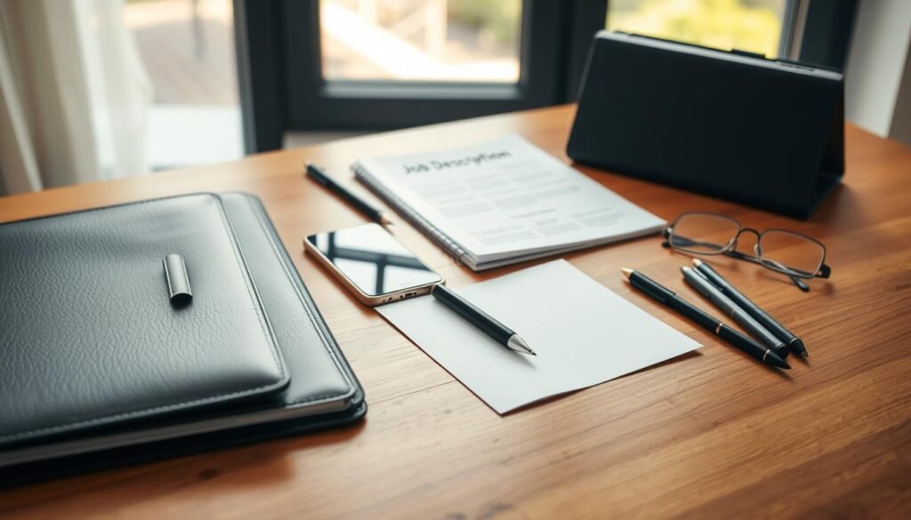An arrangement of essential documents and materials for an interview, neatly organized on a wooden desk. In the foreground, a portfolio, a notepad, and several pens are placed. In the middle ground, a smartphone, a copy of the job description, and a pair of glasses. The background features a window with natural lighting, casting a soft glow on the scene. The overall atmosphere is one of preparedness and professionalism, conveying the importance of having all the necessary items on hand for a successful interview. An arrangement of essential documents and materials for an interview, neatly organized on a wooden desk. In the foreground, a portfolio, a notepad, and several pens are placed. In the middle ground, a smartphone, a copy of the job description, and a pair of glasses. The background features a window with natural lighting, casting a soft glow on the scene. The overall atmosphere is one of preparedness and professionalism, conveying the importance of having all the necessary items on hand for a successful interview.