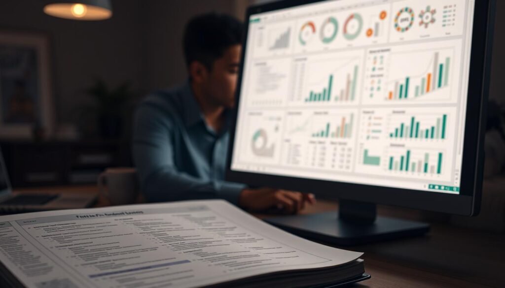 An elegant, well-lit digital workspace with a focus on the fundamentals of Excel. In the foreground, an open Excel workbook showcases intricate formulas and data visualizations. The middle ground features a person diligently studying the screen, their concentration evident. In the background, subtle icons and infographics allude to the broader realm of data analysis, hinting at the journey ahead. Soft lighting casts a warm, contemplative atmosphere, emphasizing the importance of mastering the basics before progressing to more advanced techniques.