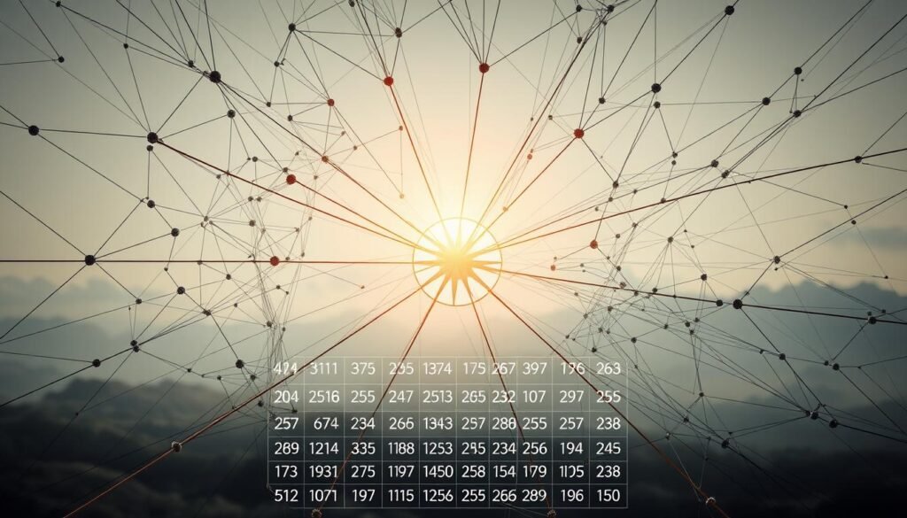 An intricate web of interconnected nodes, representing a dynamic points-based system. In the foreground, a central hub with radiating spokes, illuminated by a warm, focused light. The middle ground features a grid of ascending and descending numerical values, symbolizing the scoring criteria. In the background, a muted, abstract landscape, suggesting the broader context of immigration and visa policies. The overall composition conveys a sense of structure, data-driven decision-making, and the nuanced balance between individual qualifications and systemic requirements.