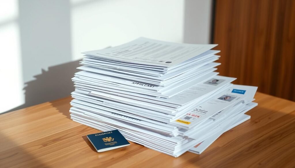 Blue Card Germany documents checklist. A stack of official documents including application forms, employment contracts, passports, and other ID cards, all neatly organized on a wooden desk with a clean, minimalist background. The documents are arranged in a visually appealing manner, with a sense of order and professionalism. Soft, natural lighting illuminates the scene, creating a calm and focused atmosphere. The image conveys the importance and attention to detail required for the Blue Card Germany application process.