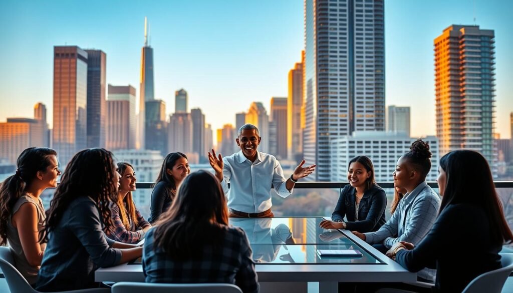 Chicago Obama Foundation Fellowship: a dynamic, modern cityscape with the iconic Chicago skyline in the background, bathed in warm, golden sunlight. In the foreground, a group of diverse, engaged young professionals gathered around a sleek, minimalist table, deep in discussion. At the center, a charismatic speaker gestures animatedly, their face illuminated by the glow of a large, touchscreen display. The atmosphere is one of inspiration, collaboration, and a shared sense of purpose, capturing the spirit of the Obama Foundation Fellowship program.