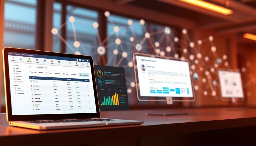 Detailed 3D illustration of an applicant tracking system software interface, with a clean and modern design. The foreground features a streamlined dashboard displaying candidate profiles, application statuses, and hiring pipelines. The middle ground showcases a customizable resume parsing module, highlighting the importance of ATS-friendly resume formatting. In the background, a network of interconnected data points and workflow automations symbolizes the comprehensive nature of the ATS platform. Warm, directional lighting casts a professional, technology-driven atmosphere, conveying the efficiency and sophistication of modern talent management solutions.