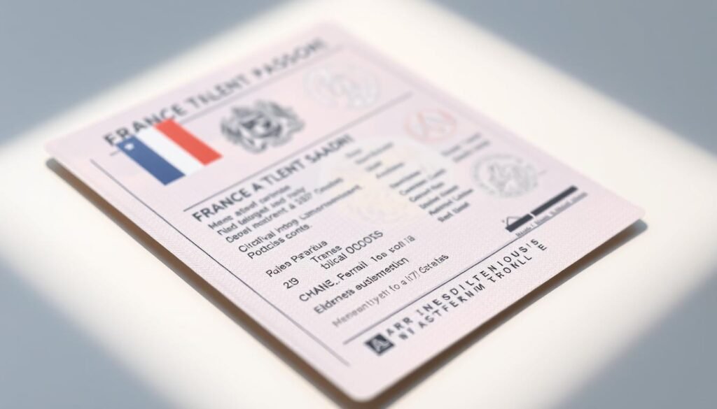 Detailed high-resolution close-up illustration of a France Talent Passport residence permit document. The permit is placed on a smooth, reflective surface, casting a soft shadow. The design features the French national emblem, official seals, and security markings. The lighting is soft and diffused, highlighting the textured surface and fine details of the document. The background is minimal, allowing the permit to be the focal point, conveying a sense of professionalism and official authority.