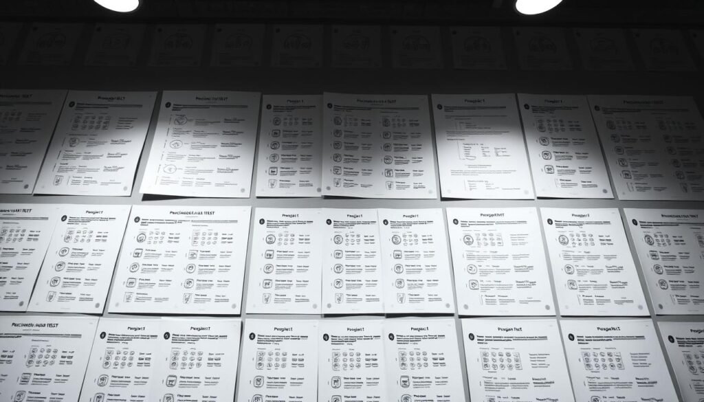 Detailed psychological assessment tests arranged in a neatly organized layout. High-contrast black and white design with minimalist geometric shapes, conveying a sense of focus and analytical precision. Soft overhead lighting illuminates the tests, creating a contemplative, introspective atmosphere. The layout is balanced, with tests distributed across the frame, hinting at the multifaceted nature of personality evaluation. Crisp lines, clean edges, and a clinical aesthetic suggest the rigorous, data-driven nature of the subject matter.