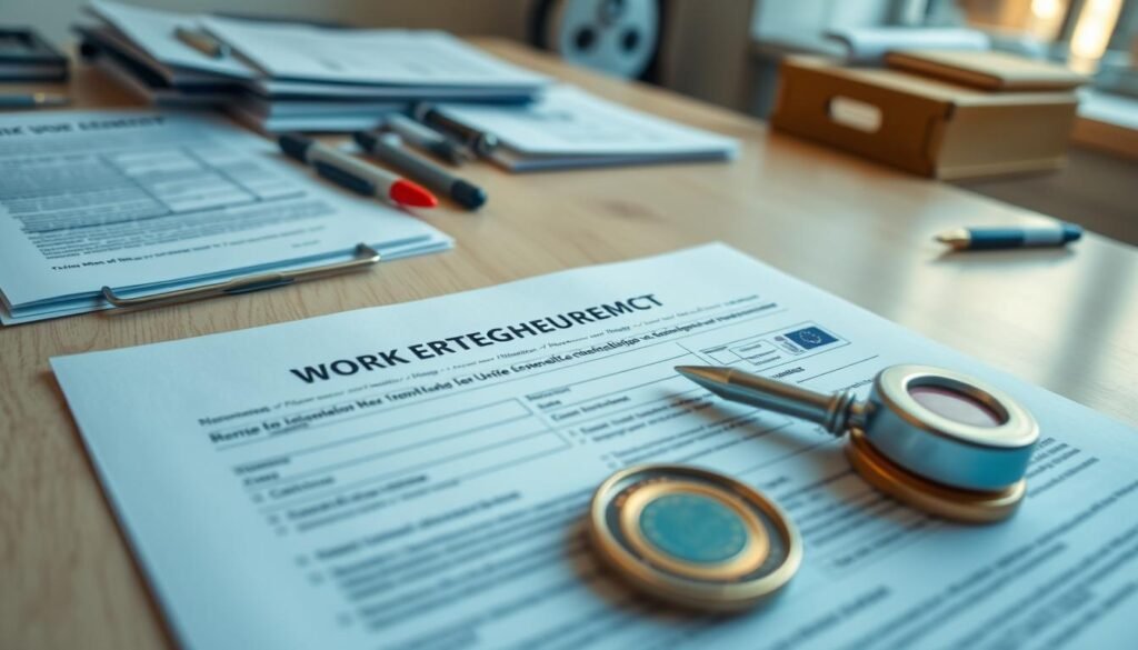 European work permit requirements, detailed document paperwork, stamps and seals on official forms, desk with organized office supplies, warm lighting from a nearby window, crisp focus and a clean, professional atmosphere to convey the bureaucratic process for obtaining legal employment in the European Union. Emphasis on the meticulousness and diligence required, yet an air of efficiency and attention to detail. Subtle shades of blue, gray, and earth tones to reflect the seriousness of the subject matter.