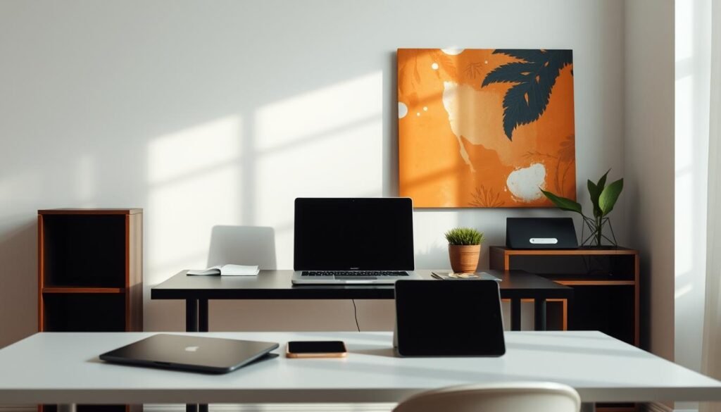 Innovative personal projects: A minimalist workspace with a sleek, modern desk, a laptop, and a tablet. Soft, diffused lighting from a nearby window creates a cozy, productive atmosphere. In the background, a vibrant abstract art piece in warm, earthy tones adds a touch of creativity and inspiration. The scene evokes a sense of focus, exploration, and the joy of bringing unique ideas to life.