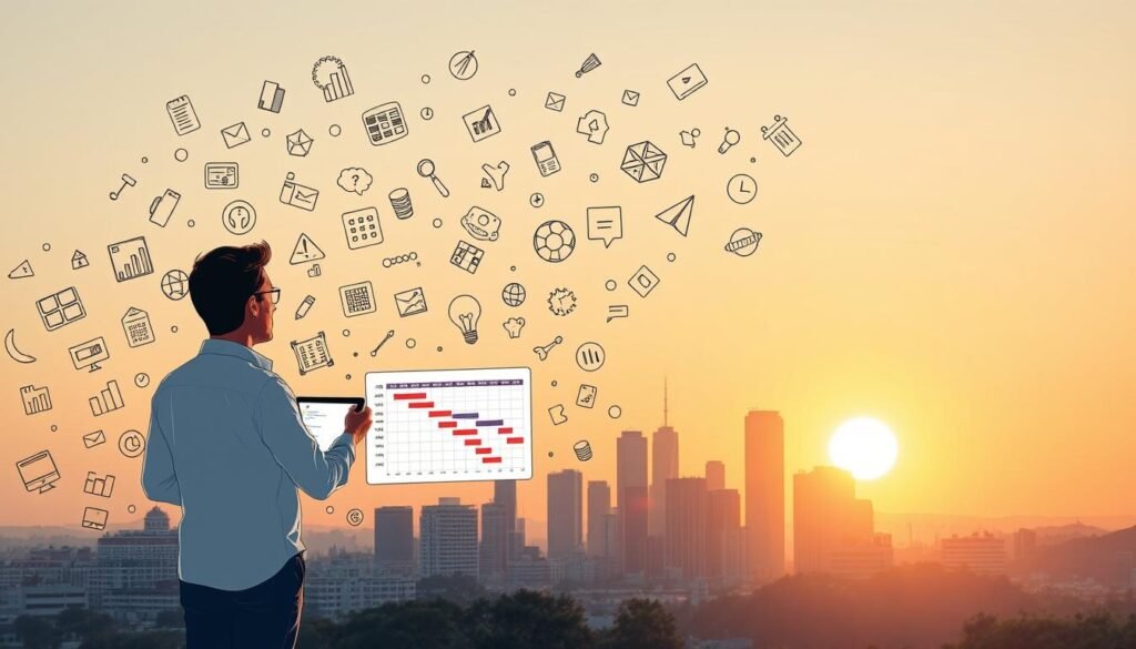Pivot to Project Management: A dynamic illustration showcasing the transition into project management. In the foreground, a person stands confidently, their gaze fixed on a Gantt chart displayed on a tablet. Surrounding them, a whirlwind of project management icons and symbols - Kanban boards, Gantt charts, Agile methodologies, and more - create a sense of motion and energy. In the middle ground, a city skyline with towering buildings represents the professional environment, while the background features a warm, golden-hued sunset, symbolizing the opportunity and growth that awaits. Soft, directional lighting illuminates the scene, lending a sense of focus and clarity to the pivotal moment.