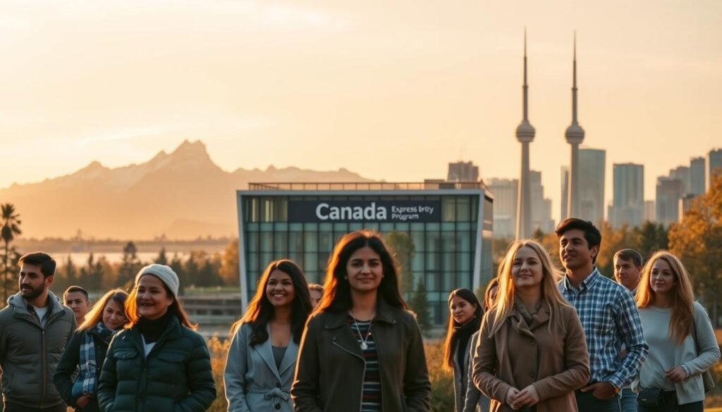 Tranquil Canadian landscape with a focus on immigration programs. In the foreground, a diverse group of people, representing various nationalities, stand together, their expressions hopeful. In the middle ground, a sleek, modern office building with signage indicating "Canada Express Entry" program. The background features iconic Canadian landmarks, such as the Rocky Mountains or the CN Tower, bathed in warm, golden sunlight. The overall mood is one of optimism, inclusion, and the promise of a new beginning.