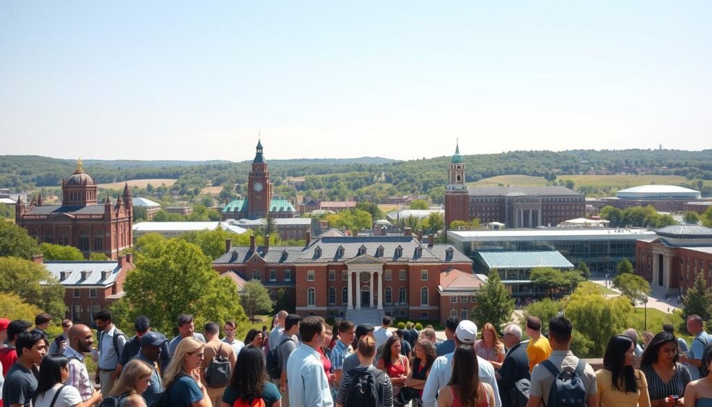 U.S. educational institutions depicted in a wide, panoramic shot with a clear, sunny sky overhead. In the foreground, a diverse group of students and faculty engaged in lively discussions, representing the multicultural nature of these institutions. The middle ground features iconic campus buildings, from stately brick and stone structures to modern glass-and-steel edifices, symbolizing the breadth of architectural styles. In the background, a rolling landscape with verdant trees and manicured lawns, creating a serene and picturesque setting. The image conveys a sense of academic excellence, intellectual vibrancy, and community within these renowned U.S. educational establishments.