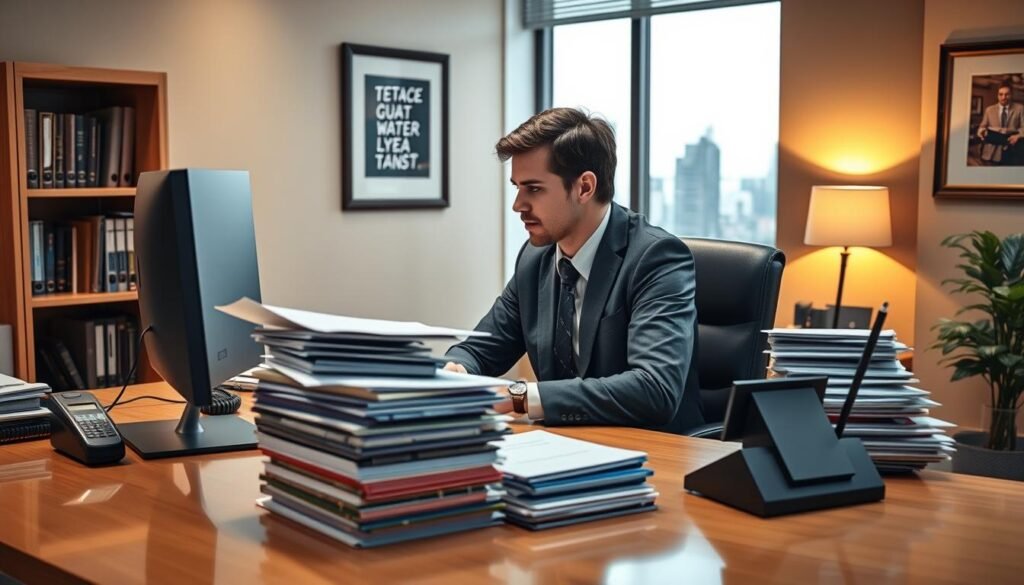 a detailed and professional business office scene, with a person sitting at a desk using a computer, surrounded by a stack of folders and documents, with a telephone and pen holder on the desk. The office has a modern, clean design with warm lighting and a neutral color palette. The person is focused on their work, representing the process of following up with references. The background features a bookshelf, framed artwork, and a window overlooking a cityscape. The overall mood is one of productivity, organization, and attention to detail.