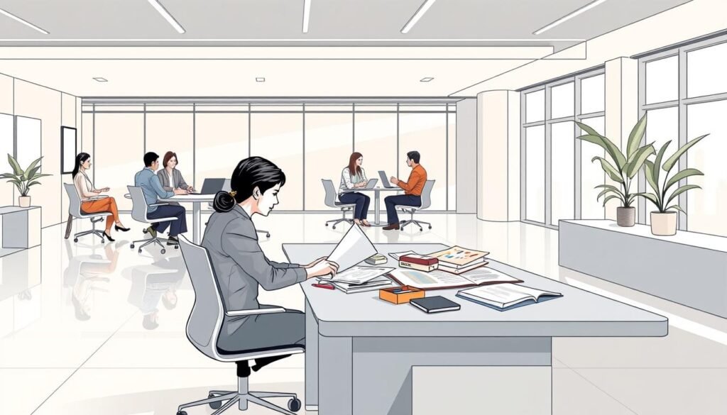 a detailed illustration of the leadership development application process, showcasing a professional working environment with modern office furniture, clean lines, and a minimalist aesthetic. the foreground depicts a person reviewing application documents at a sleek desk, surrounded by various materials like folders, laptops, and writing implements. the middle ground features other applicants engaged in interviews or discussions, conveying a sense of collaboration and progression. the background depicts a stylish meeting room with large windows, allowing natural light to filter in and create a warm, inviting atmosphere. the overall mood is one of professionalism, productivity, and a clear path towards leadership development opportunities.