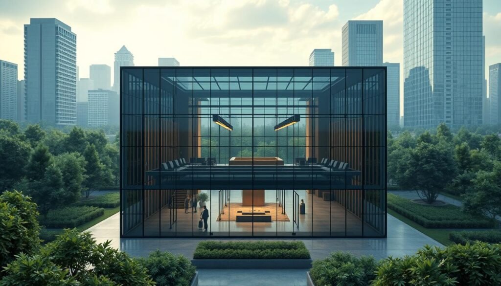 a detailed, photo-realistic 3D render of the express entry system as a sleek, modern, glass-enclosed government office building, with a large central atrium and a welcoming reception area, illuminated by soft natural lighting filtering through the glass walls, situated in a lush, verdant urban landscape with towering skyscrapers in the background, conveying a sense of efficiency, professionalism and transparency
