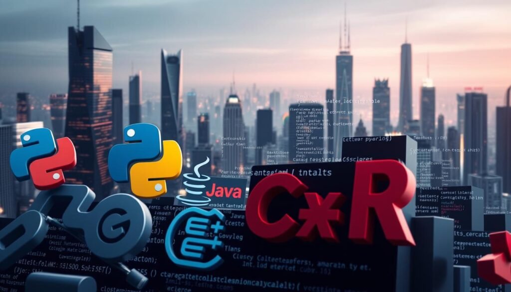 a high-quality, photorealistic image of a diverse set of programming languages, arranged in an aesthetically pleasing composition. The foreground features several common programming languages such as Python, JavaScript, Java, C++, and Ruby, each represented by an iconic symbol or logo. The middle ground showcases a variety of coding syntax and algorithms, with lines of code floating and intersecting in a dynamic, three-dimensional space. The background is a sleek, futuristic cityscape, with towering skyscrapers and glowing neon lights, suggesting the powerful applications and ubiquity of programming in the modern digital world. The lighting is soft and directional, creating depth and highlighting the intricate details of the scene. The overall mood is one of creativity, innovation, and the endless possibilities of software development.