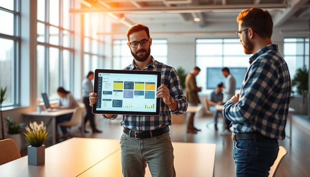 transition product management, a software engineer standing in a transitional phase, holding a tablet displaying a product roadmap, surrounded by a clean, modern office environment with large windows letting in warm natural lighting, a minimalist desk, and a team of colleagues collaborating in the background, creating an atmosphere of focused innovation and career progression