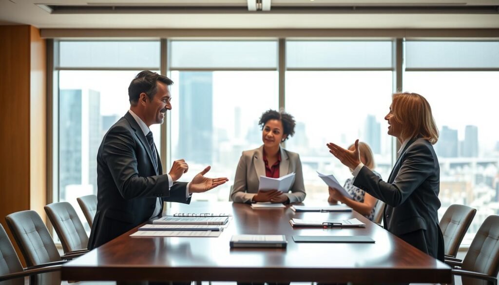 A boardroom table with successful business people engaged in a negotiation. The scene is well-lit with a warm, professional atmosphere. In the foreground, two negotiators make eye contact and gesture animatedly, their body language conveying confidence and collaboration. The middle ground shows supporting team members reviewing documents and taking notes. In the background, large windows provide a scenic city skyline, reinforcing the sense of a high-stakes, corporate setting. The overall impression is one of an effective, strategic negotiation process leading to a mutually beneficial outcome.