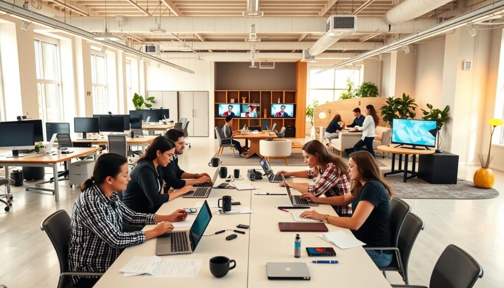 A bright, airy office space with a mix of remote and in-person workers. In the foreground, a group of employees collaborating at a long table, digital devices and papers scattered. In the middle ground, others are video conferencing, their screens casting a soft glow. The background features a blend of traditional desks and cozy lounge areas, with natural light streaming through large windows. The overall atmosphere is one of productivity and flexibility, conveying the benefits of a hybrid work model - the ability to balance face-to-face interactions with the convenience of remote work. The lighting is warm and inviting, creating a sense of balance and harmony.
