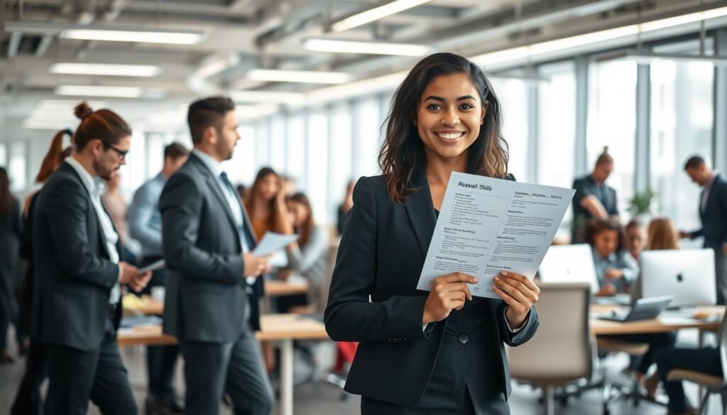A bustling office scene, with a diverse array of professionals engaged in various tasks. In the foreground, a young woman stands confidently, her résumé in hand, showcasing her transferable skills - problem-solving, teamwork, and adaptability. The middle ground features a collaborative workspace, where colleagues share ideas and work together seamlessly. In the background, a sleek, modern interior with clean lines and abundant natural light creates an atmosphere of productivity and innovation. The overall mood is one of professionalism, growth, and the celebration of skills that transcend job titles.