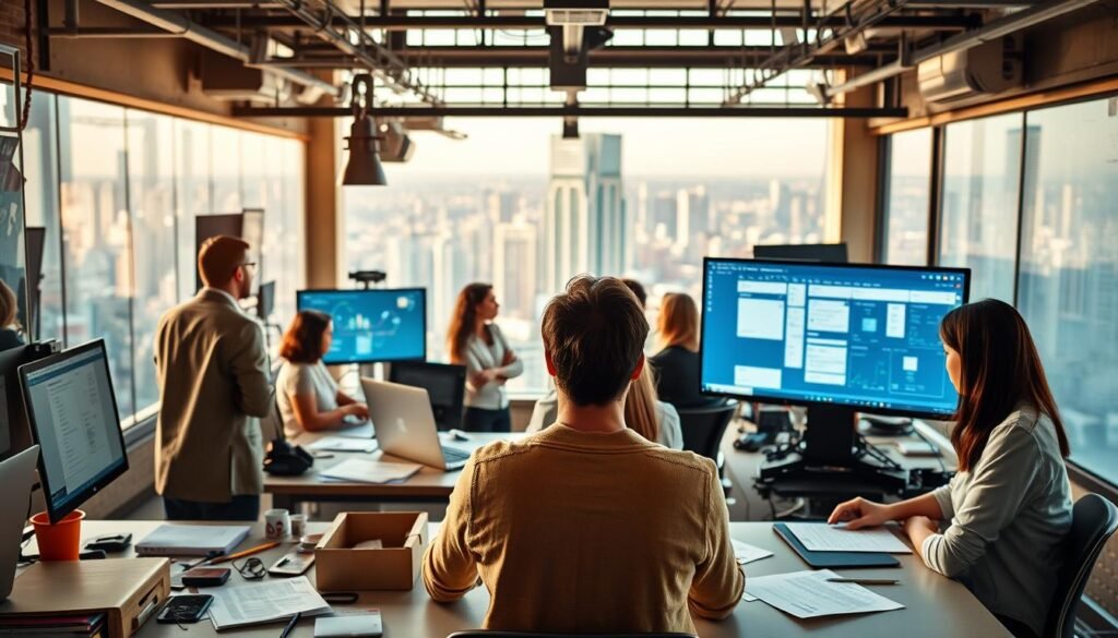 A bustling workplace with professionals engaged in diverse vocational activities. In the foreground, a person undergoing a career assessment test, surrounded by a mix of tools, documents, and digital screens displaying career-related information. The middle ground features several individuals in thoughtful poses, considering their career options. The background showcases a vibrant cityscape, hinting at the wide range of professional opportunities available. The scene is bathed in warm, natural lighting, conveying a sense of discovery and introspection. Subtle visual cues suggest the benefits of professional aptitude assessments, such as self-awareness, guidance, and informed decision-making.