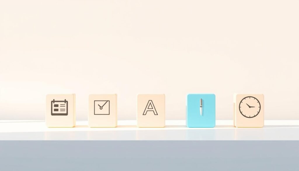 A clean, minimalist illustration of the SMART goal setting steps, rendered in a flat, geometric style with a pastel color palette. In the foreground, five icons representing the SMART acronym (Specific, Measurable, Achievable, Relevant, Time-Bound) are arranged in a row. The middle ground features simple shapes and lines that visually depict each step, with a subtle grid pattern in the background. The lighting is soft and diffused, creating a calm, professional atmosphere suitable for an article on career goal setting.