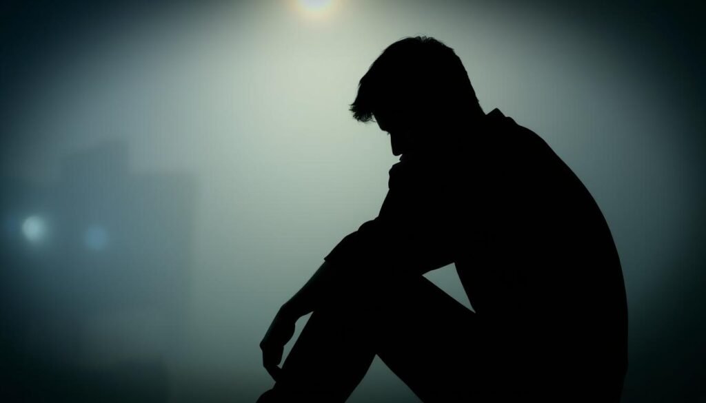 A contemplative individual sitting alone, lost in introspective thoughts. The figure is dimly lit, their face cast in shadow, conveying a sense of introversion and a desire for solitude. The background is hazy and indistinct, suggesting a detachment from the external world. Soft, muted colors and a subtle vignette create an atmospheric, melancholic mood. The overall composition emphasizes the subject's internal world and their preference for quiet, solitary moments.