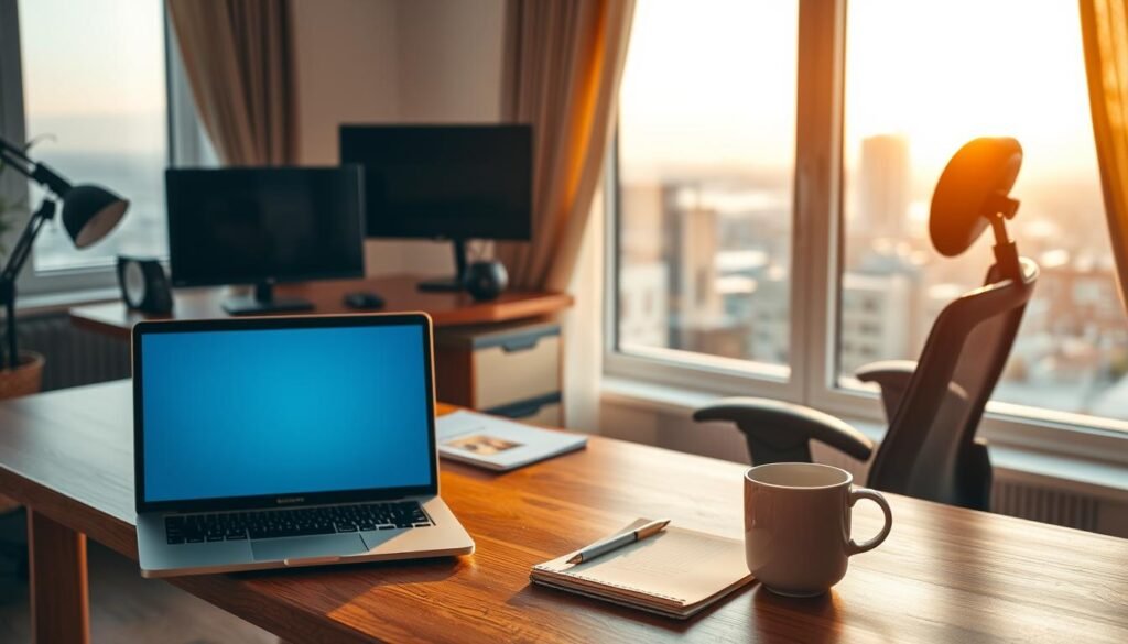 A cozy home office with a comfortable desk, ergonomic chair, and modern technology setup. Warm, natural lighting filters through the large window, creating a serene and productive atmosphere. In the foreground, a laptop, notepad, and a cup of coffee sit on the desk, symbolizing the flexibility and focus of remote work. The background showcases a tranquil cityscape, hinting at the work-life balance offered by telecommuting. The overall scene evokes a sense of calm, efficiency, and the freedom to work from anywhere.