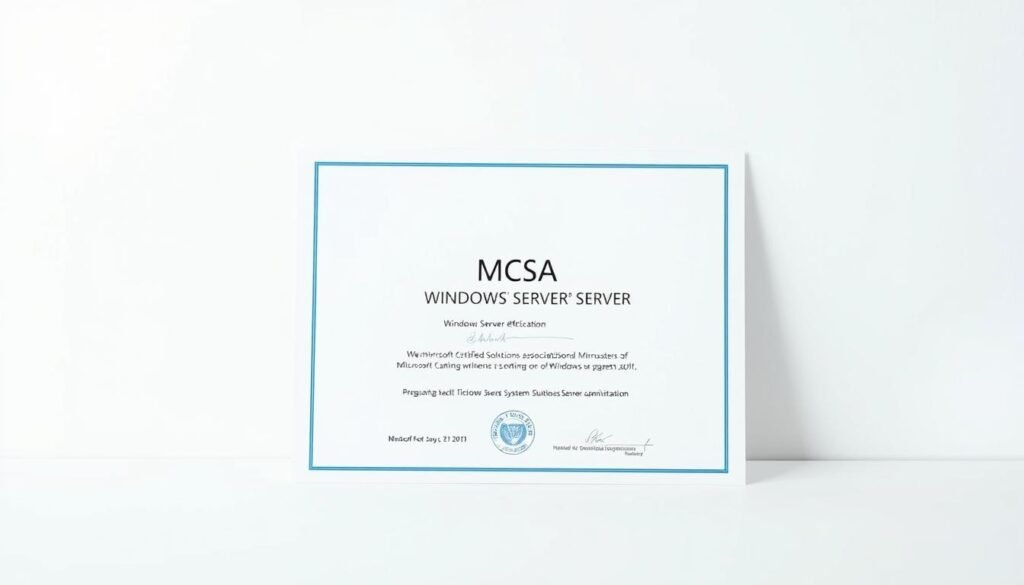 A crisp, high-resolution image of a Microsoft Windows Server certification document, known as the MCSA (Microsoft Certified Solutions Associate) for Windows Server administration. The certificate is displayed against a clean, minimalist background, with a subtle gradient or texture to add depth and visual interest. The document appears to be freshly printed, with sharp, vivid colors and a sense of authority and professionalism. The layout is balanced and symmetrical, highlighting the MCSA certification title and any relevant logos or seals. The overall mood is one of achievement, expertise, and the successful mastery of Windows Server system administration skills.