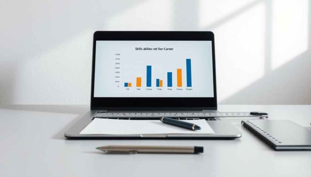 A detailed analysis of the skills and abilities required for a career, displayed on a minimalist desk setup. In the foreground, a laptop screen shows a skills assessment chart with bars representing different competencies. In the middle ground, a ruler, pen, and notepad suggest a methodical evaluation process. The background features a plain white wall, creating a clean, focused atmosphere conducive to introspection and decision-making. Soft, directional lighting casts subtle shadows, adding depth and emphasizing the analytical nature of the scene.