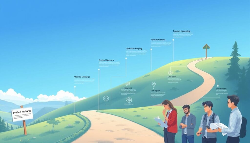 A detailed and visually compelling roadmap for a successful product, captured in a digital illustration. The image depicts a winding path leading through a serene, natural landscape, with milestones and signposts marking the key stages of product development. In the foreground, a team of product managers meticulously plan and strategize, their expressions thoughtful and focused. The middle ground showcases various product features, represented by icons and illustrations, while the background features a vibrant, sky-blue gradient, suggesting the boundless potential of the product. The overall composition is crisp, clean, and evocative, conveying a sense of progress, collaboration, and vision.