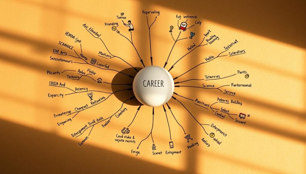 A detailed hand-drawn mind map on a textured paper background, depicting an array of career interests and their interconnections. In the center, a large sphere represents the individual, surrounded by branching paths leading to diverse vocational pursuits - from technology and science to arts and entrepreneurship. Each path is illustrated with vivid icons and concise labels, creating a cohesive and visually engaging "Career Interests Mapping" composition. Warm lighting casts subtle shadows, lending a contemplative, introspective atmosphere to the scene. The overall layout is balanced, with ample negative space to allow the mind map to stand out prominently.