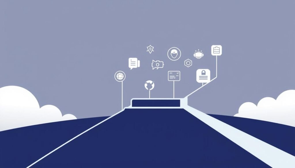 A digital pathway representing the comprehensive cybersecurity learning journey for beginners. A clean, minimalist illustration with a mix of geometric shapes, lines, and symbols. The foreground features a stylized progression of steps leading upwards, each step symbolizing a key stage in the cybersecurity learning process. The middle ground showcases various cybersecurity concepts and technologies as simplified icons. The background has a subtle gradient or textured pattern, creating a sense of depth and professionalism. The overall mood is one of clarity, structure, and forward momentum, guiding the viewer through the stepwise cybersecurity learning path.