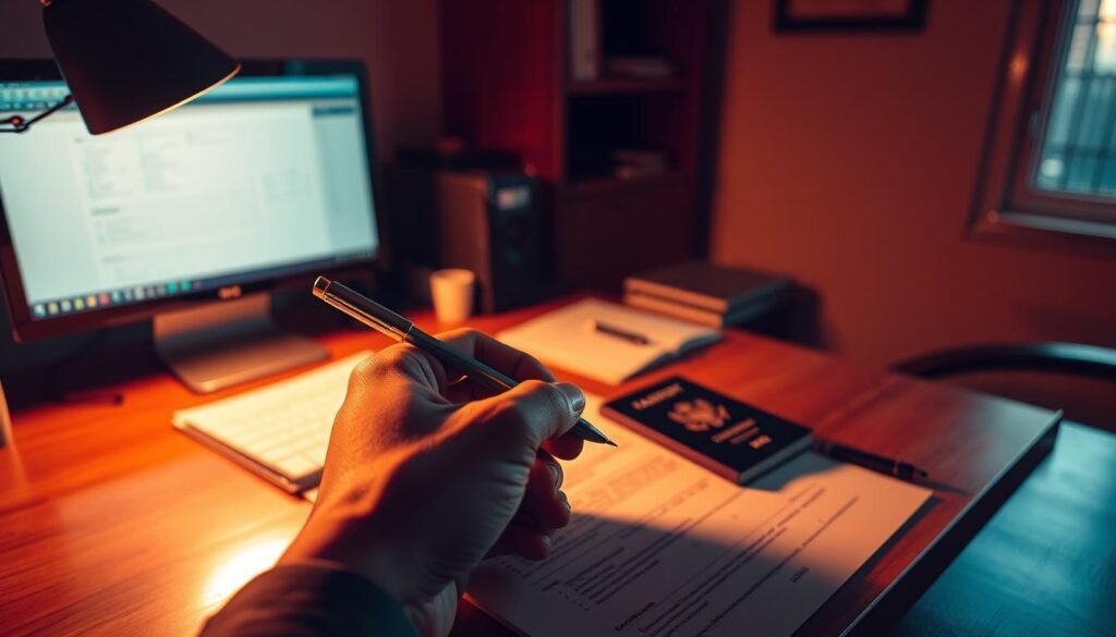 A dimly lit office space, featuring a desktop computer, documents, and a passport on a wooden desk. In the foreground, a hand holds a pen, poised to fill out a digital nomad visa application form. The scene is bathed in a warm, amber glow, creating a contemplative atmosphere. The composition emphasizes the sense of bureaucratic process, with the application form and passport serving as the focal points. The image conveys the complexity and attention to detail required when navigating the digital nomad visa system, a critical step for those seeking to work from anywhere.