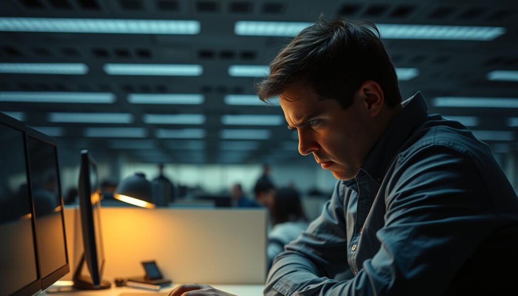 A dimly lit office space, where an introverted employee sits hunched over their desk, feeling overwhelmed by the constant demands of their job. The fluorescent lights cast a harsh glow, highlighting the tension in their furrowed brow. In the background, a sea of cubicles and bustling coworkers create a sense of isolation and social discomfort. The employee's body language conveys a deep sense of unease, as they struggle to find the energy to engage with their colleagues and navigate the complexities of the office environment. The overall atmosphere is one of anxiety and a longing for a more peaceful, solitary workspace.