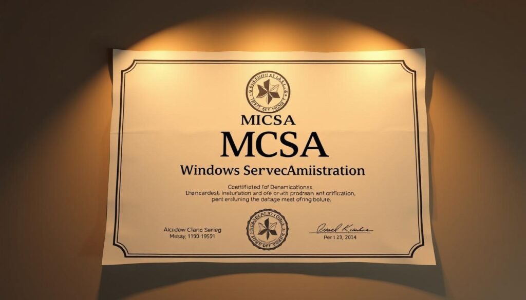 A high-quality, realistic digital certification document depicting the "MCSA: Windows Server Administration" certification, illuminated by soft, directional lighting casting subtle shadows. The certificate's parchment-like surface has a tactile, embossed texture, with the official MCSA logo and seal prominently displayed. The layout is balanced and professional, conveying a sense of authority and accomplishment. The background is a warm, neutral tone, allowing the certification to be the focal point. The overall tone is one of prestige and achievement, reflecting the significance of this valuable credential in the field of Windows server administration.
