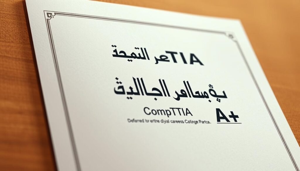 A highly detailed, photorealistic image of a CompTIA A+ certification document. The document is centered in the frame, its corners casting soft shadows against a subtly textured, warm-toned background. The certification text stands out in clear, bold Arabic calligraphy, complemented by the official CompTIA logo and accents. The document has a sense of prestige and importance, conveying its value as a foundation for cybersecurity careers. The lighting is soft and diffused, creating depth and highlighting the tactile quality of the paper. The overall mood is one of professional accomplishment and the start of an exciting new journey.